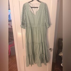 💚 Chic Soul Green & White Patterned Tiered Midi Dress – Size 1X 💚